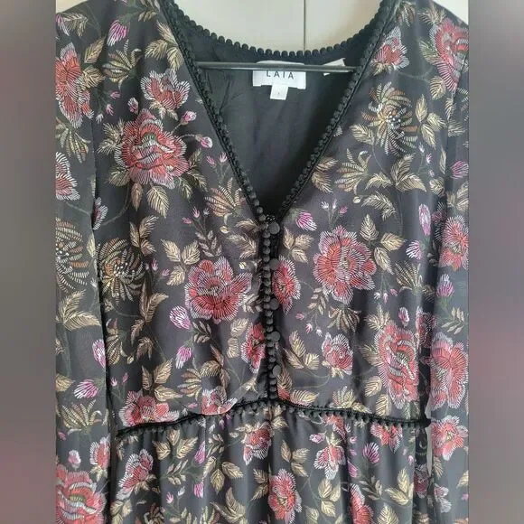 Anthropologie LAIA Ines Maxi Dress Black Floral Pleated Flare Sheath Small - Picture 5 of 9